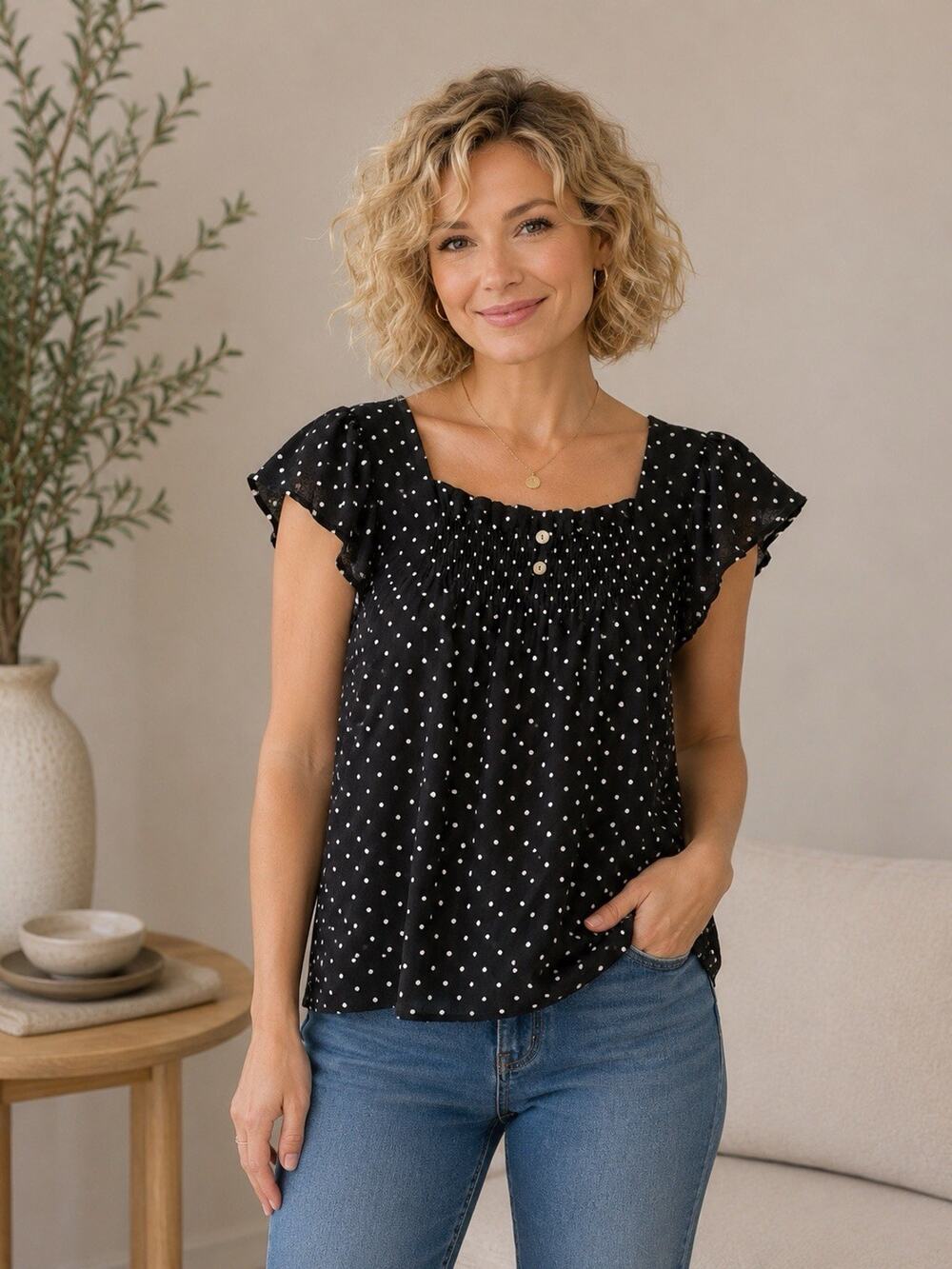 Draper James Womens M Blouse Polka Dot Short Sleeve Feminine Button Accents
